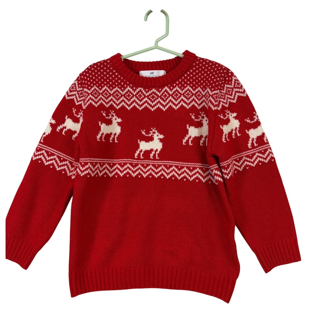 HM Kids Red Fair Isle Reindeer Christmas Sweater 5T 6 Holiday Cabin Core Nordic